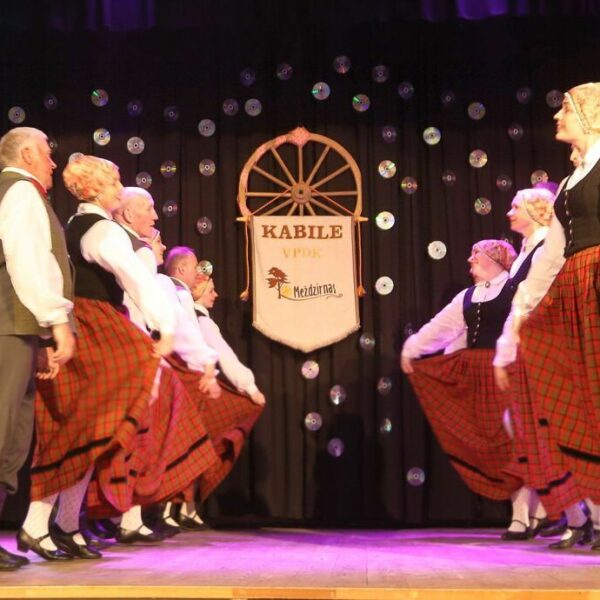 Pieaugušo tautas deju kolektīvs tradicionālos tērpos dejo uz skatuves. Dejotāji, vīrieši pelēkos uzvalkos un sievietes sarkanos rūtainos svārkos ar melnām vestēm, ir izvietoti divās rindās, sievietēm turot paceltus svārkus. Fonā tumšs aizkars ar izkārtotiem kompaktdiskiem un baneris, uz kura redzams uzraksts "KABILE VPDK Meždzirnas" un stilizēts koka rats.