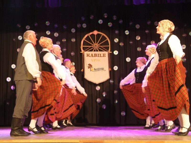 Pieaugušo tautas deju kolektīvs tradicionālos tērpos dejo uz skatuves. Dejotāji, vīrieši pelēkos uzvalkos un sievietes sarkanos rūtainos svārkos ar melnām vestēm, ir izvietoti divās rindās, sievietēm turot paceltus svārkus. Fonā tumšs aizkars ar izkārtotiem kompaktdiskiem un baneris, uz kura redzams uzraksts "KABILE VPDK Meždzirnas" un stilizēts koka rats.